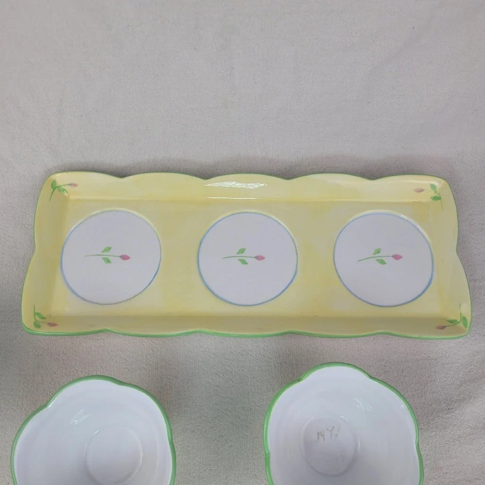 Princess House Exclusive Floral Ceramic Tray and 3 Pot Bowl Set Yellow Tulip